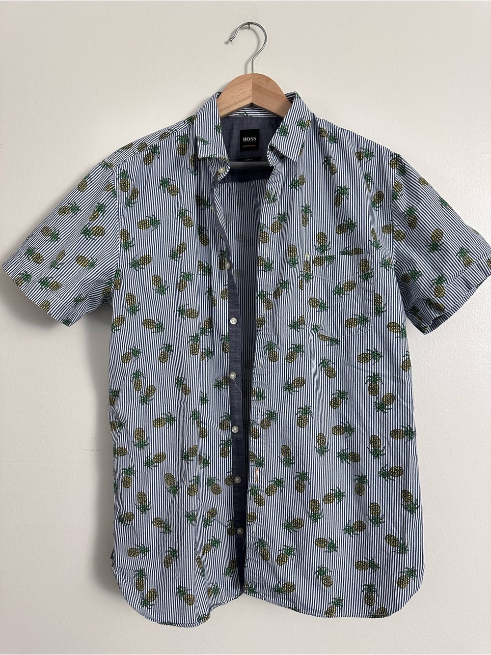 BOSS Slim Fit Pineapple-Print Short Sleeve Shirt - Blue